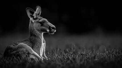   A black-and-white image of a kangaroo seated in the grass, head slightly turned to the side - obrazy, fototapety, plakaty