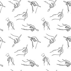 Drawing hand poses in a linear style, in different perspectives with a paint brush