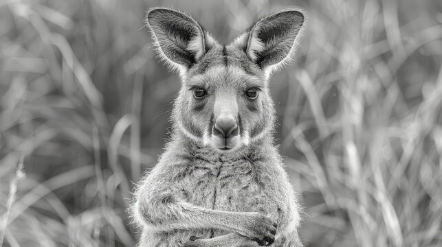   A black-and-white image of a serious-faced kangaroo gazing at the camera against a backdrop of tall grass