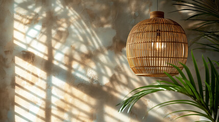 A rattan pendant lamp hanging beside a potted plant with shadows of window blinds cast on a textured wall. Copy space.