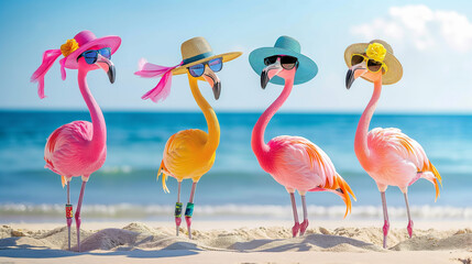 Obraz premium Four colorful flamingos with hats and sunglasses standing on a sandy beach by the sea.