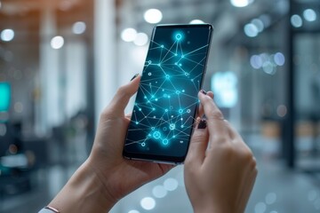 Smartphone with network dots technology created with generative ai