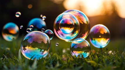 Colorful transparent flying soap bubbles, natural background. AI generative.