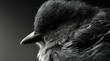 Obraz premium A monochrome image of a bird with water droplets on its feathers, head, and neck