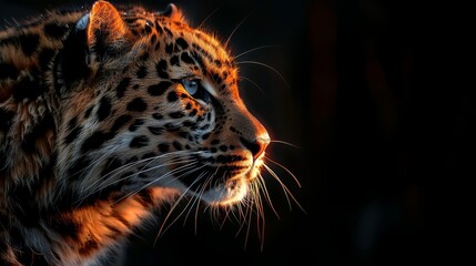   A close-up of a leopard's face in the dark, illuminated by the shine of the light