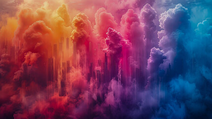 Surreal cityscape enveloped in colorful mist