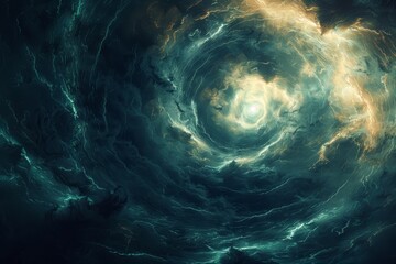 A dark, stormy vortex with bright light at the center. - obrazy, fototapety, plakaty