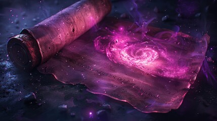 A glowing pink magic scroll on a stone surface with a dark purple background. - obrazy, fototapety, plakaty