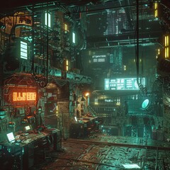 A gritty cyberpunk lab scene featuring cybernetic enhancements and high-tech equipment. Glowing neon lights illuminate the underground space filled with computers, wires, and machinery