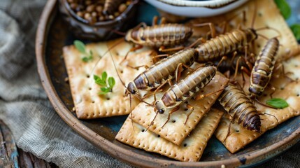 Edible Insects with Crackers Snack Plate. Gourmet presentation of crunchy edible crickets on crackers, garnished with fresh herbs on a rustic plate, symbolizing novel snack options