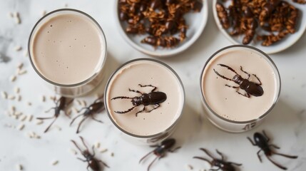 Obraz na płótnie Canvas glasses of protein shake with a heap of edible insects and insect powder on a kitchen counter, showcasing alternative protein sources