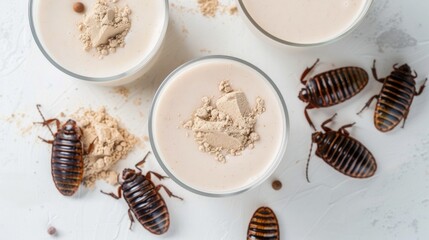 glasses of protein shake with a heap of edible insects and insect powder on a kitchen counter, showcasing alternative protein sources