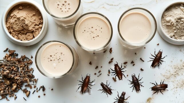 glasses of protein shake with a heap of edible insects and insect powder on a kitchen counter, showcasing alternative protein sources