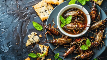 Gourmet Crackers with Edible Insects. A luxurious spread of crackers topped with edible locusts and adorned with fresh basil, merging traditional appetizers with contemporary sustainable eating