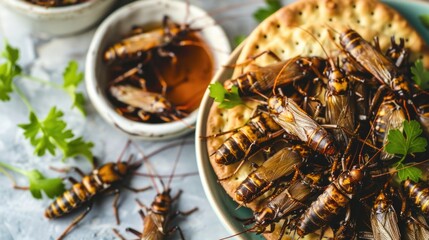 Gourmet Crackers with Edible Insects. A luxurious spread of crackers topped with edible locusts and...