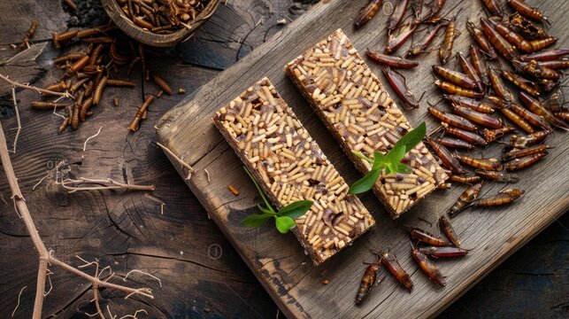 Edible Insect Granola Bars. Richly textured granola bars with edible insect toppings on a wooden board, an exploration of alternative protein sources in snacking