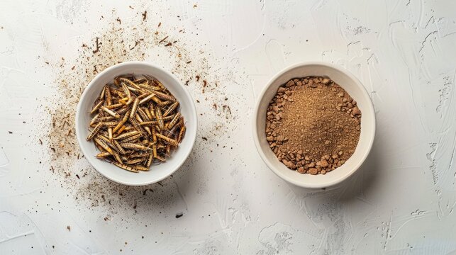 Edible Insects and Insect Flour. Bowls display roasted edible insects beside their ground form as flour, highlighting sustainable food practices and alternative protein sources