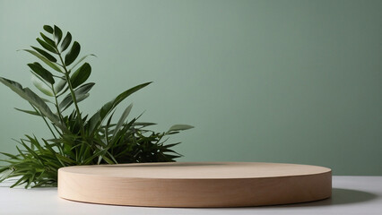 Product display podium with plants and flowers. Ai generative.