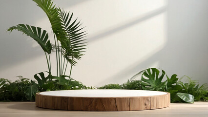 Product display podium with plants and flowers. Ai generative. - 786619789