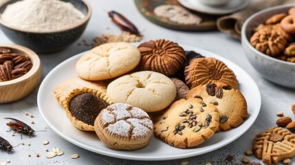 Assorted Cookies with Edible Insects. A plate of assorted chocolate chip and butter cookies, whimsically decorated with edible insects, showcases a novel approach to classic baking