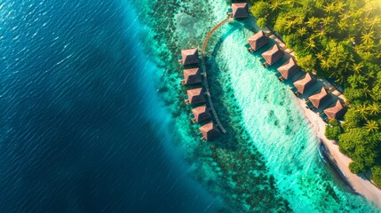Summer landscape and seascape as aerial tropical background. Amazing view from above, luxury water bungalows, vacation holiday mood. Pristine clear blue sea water, turquoise ocean lagoon. Aerial view - obrazy, fototapety, plakaty