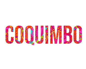 Coquimbo creative city name design filled with colorful doodle pattern