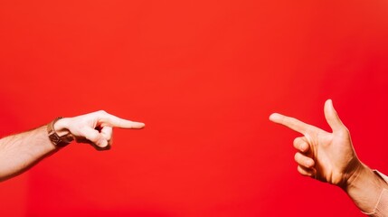 A creative framing concept with two hands, one making a finger gun and the other a love sign, against a vibrant red backdrop. Two Hands Framing Shot on Red Background