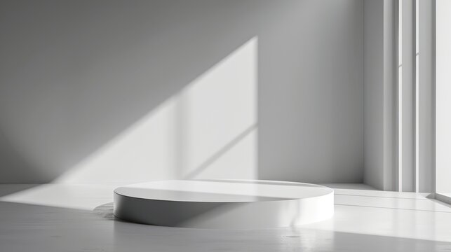 Empty white marble quartz room with a polished pedestal in the center. Mockup for product advertising