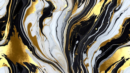Black, white and gold liquid marble texture, abstract background. AI generative. - 786620939
