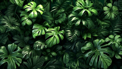 Lush tropical plants dark green background. AI generative. - 786620957