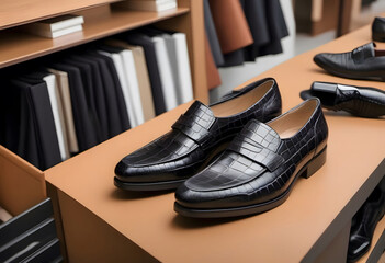 Schwarze Business Leder Schuhe in edlem schwarzem Krokodilleder, pröäsentiert in einem Ladengeschäft - obrazy, fototapety, plakaty