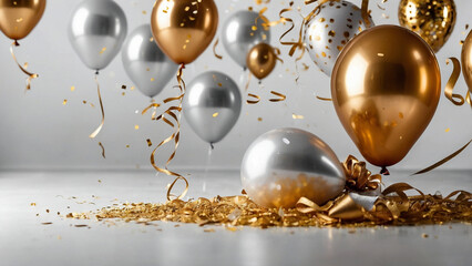 Festive background with golden and white realistic balloons. AI generative. - 786621517