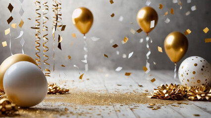 Festive background with golden and white realistic balloons. AI generative. - 786621528