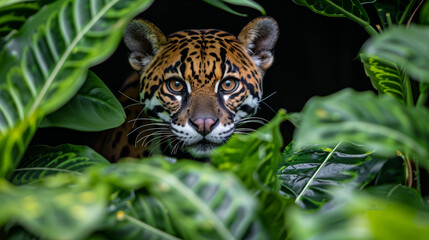   A tight shot of a tiger's face emerging from behind a bush, framed by green foliage