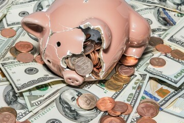 A shattered piggy bank atop various denominations of currency and coins, depicting financial loss or savings breakage. - obrazy, fototapety, plakaty