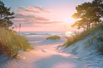 ゴールデン・ホライゾン：夕日とビーチが交わる瞬間,Golden Horizon: The Moment Sunset Meets the Beach,Generative AI - obrazy, fototapety, plakaty
