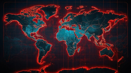 Red neon world map, modern technologies. AI generative.
