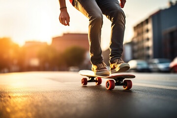 AI generated image of man riding a vintage skateboard on a sunlit city street - Powered by Adobe