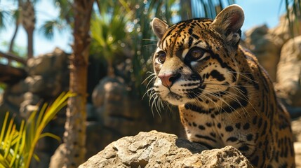   A tight shot of a feline perched on a rock, adjacent to a tree, surrounded by additional rocks, against a backdrop of a tranquil blue sky