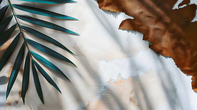 Tropical palm shadow over brown and white torn paper background. Overhead Summer theme - Earth tones flatlay.