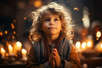 Photo image made with generative AI of cute child praying to Jesus