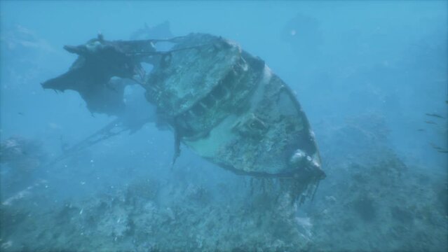 Old Sunken Ship Resting Among Reefs in Submerged Ocean Waters