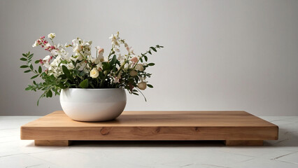 Minimalistic wooden podium for product presentation with flowers. White background. AI generative. - 786622198