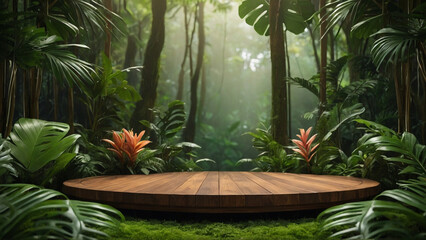 Wooden pedestal podium for product presentation in tropical forest. AI generative. - 786622311