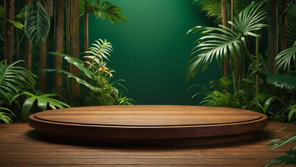 Wooden pedestal podium for product presentation in tropical forest. AI generative. - 786622325