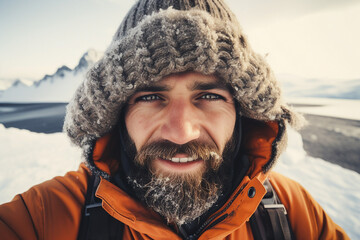 Frosty antarctic day landscape tourists expedition with polar animals extreme hiking Generative AI image