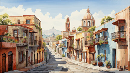 mexican town urban view at day, houses and church street, watercolor - obrazy, fototapety, plakaty