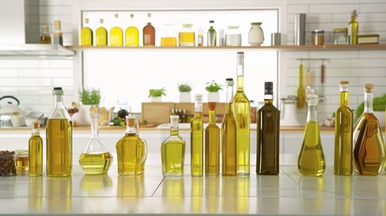 Assortment of cooking oils in different bottles on a bright kitchen countertop. - obrazy, fototapety, plakaty