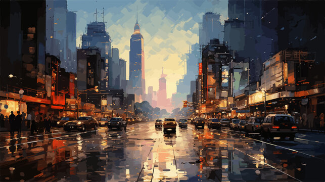 Big city after the rain, illustration in vector sketch