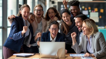 The success of achieving goals as a result of fruitful teamwork on a joint business project. People in the office shout happily in delight with smiles and raised hands